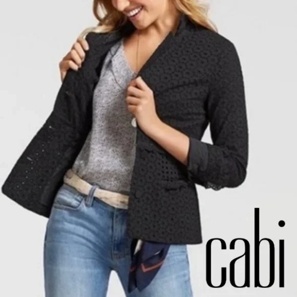 Cabi Flamenco Eyelet Jacket #5293 Blazer 100% Cotton Scallop Trim Black Size 6 - Picture 1 of 7